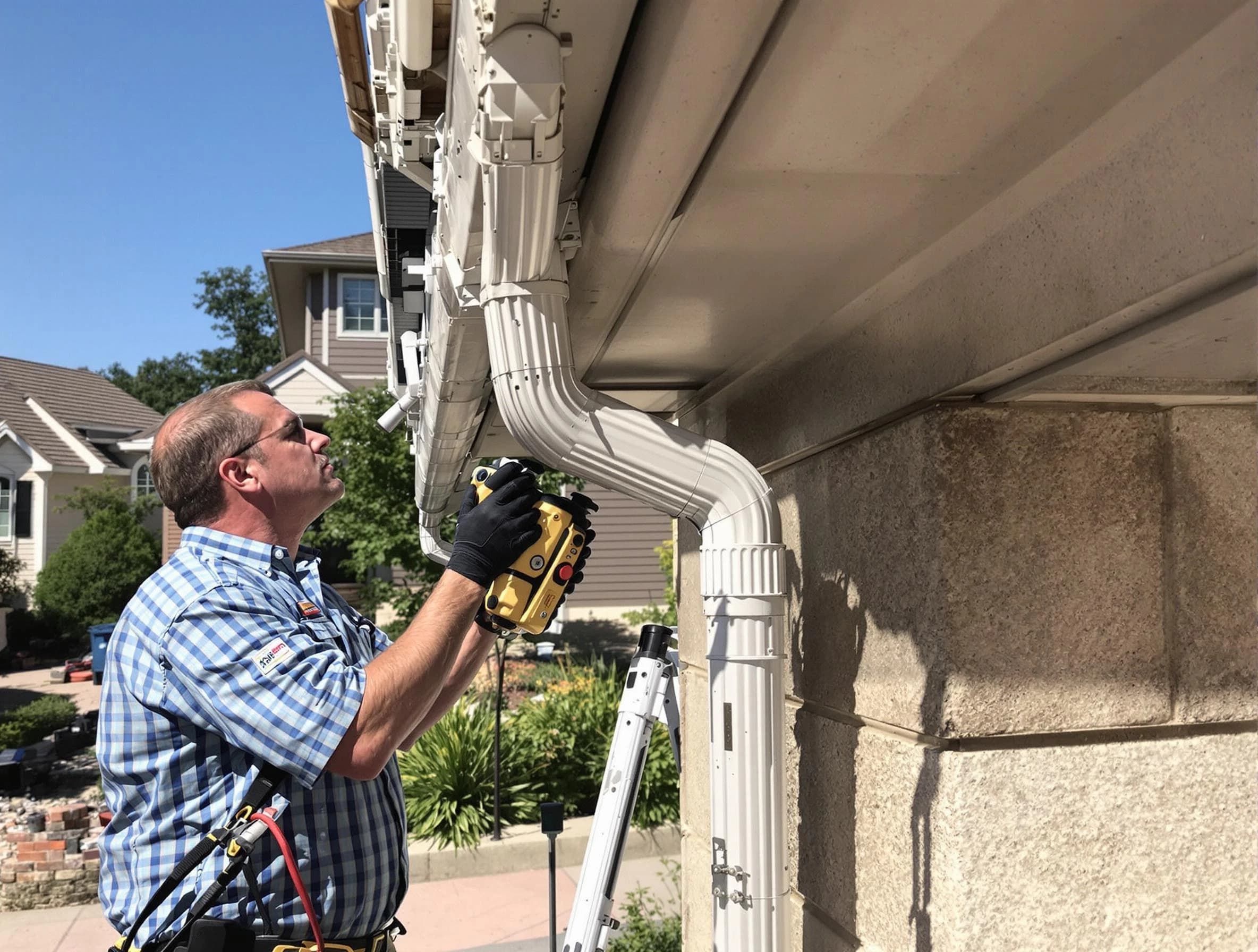 Close-up of a restored downspout system by Aurora Roofing Company in Aurora, OH