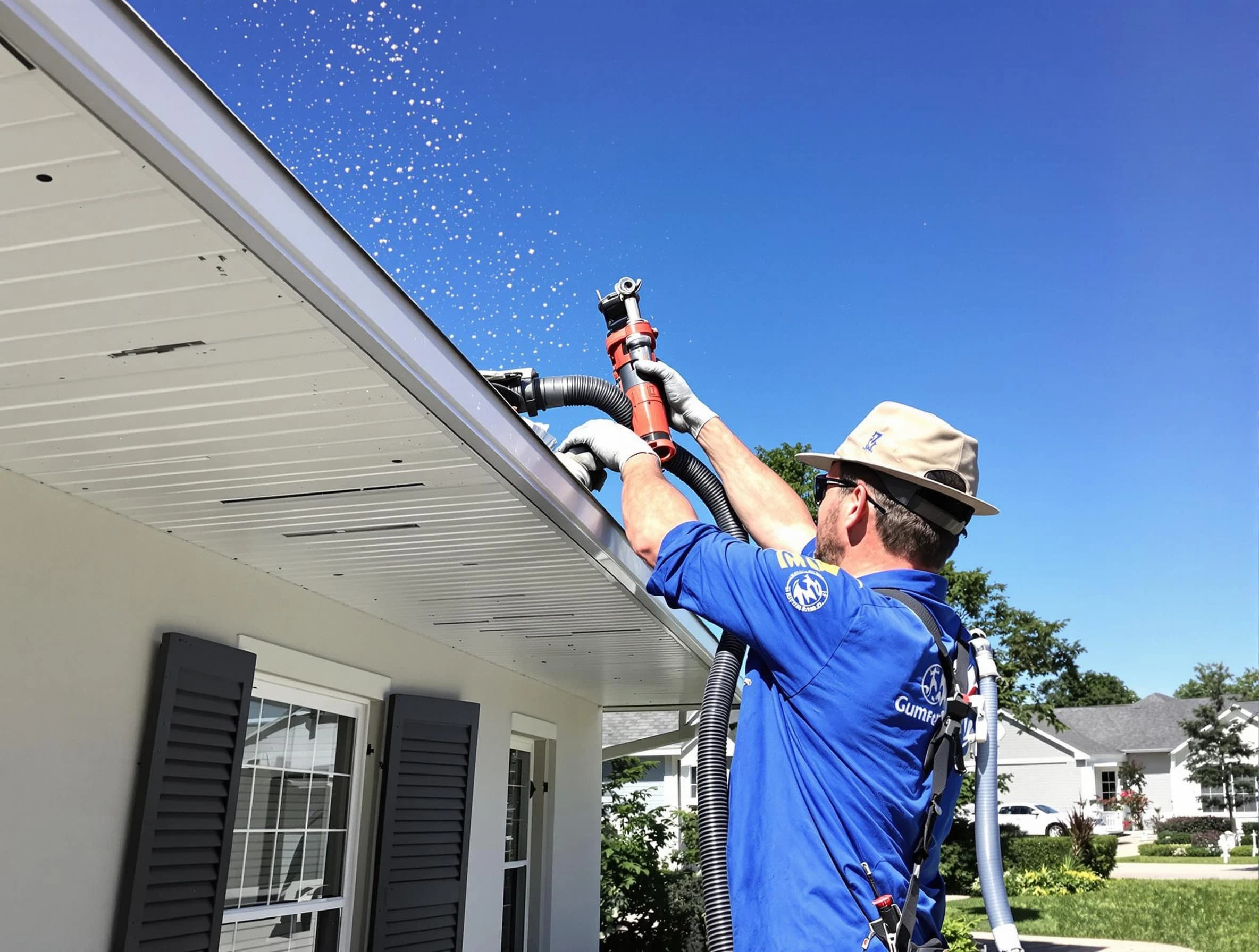 Technician completing a gutter cleaning project by Aurora Roofing Company in Aurora, OH