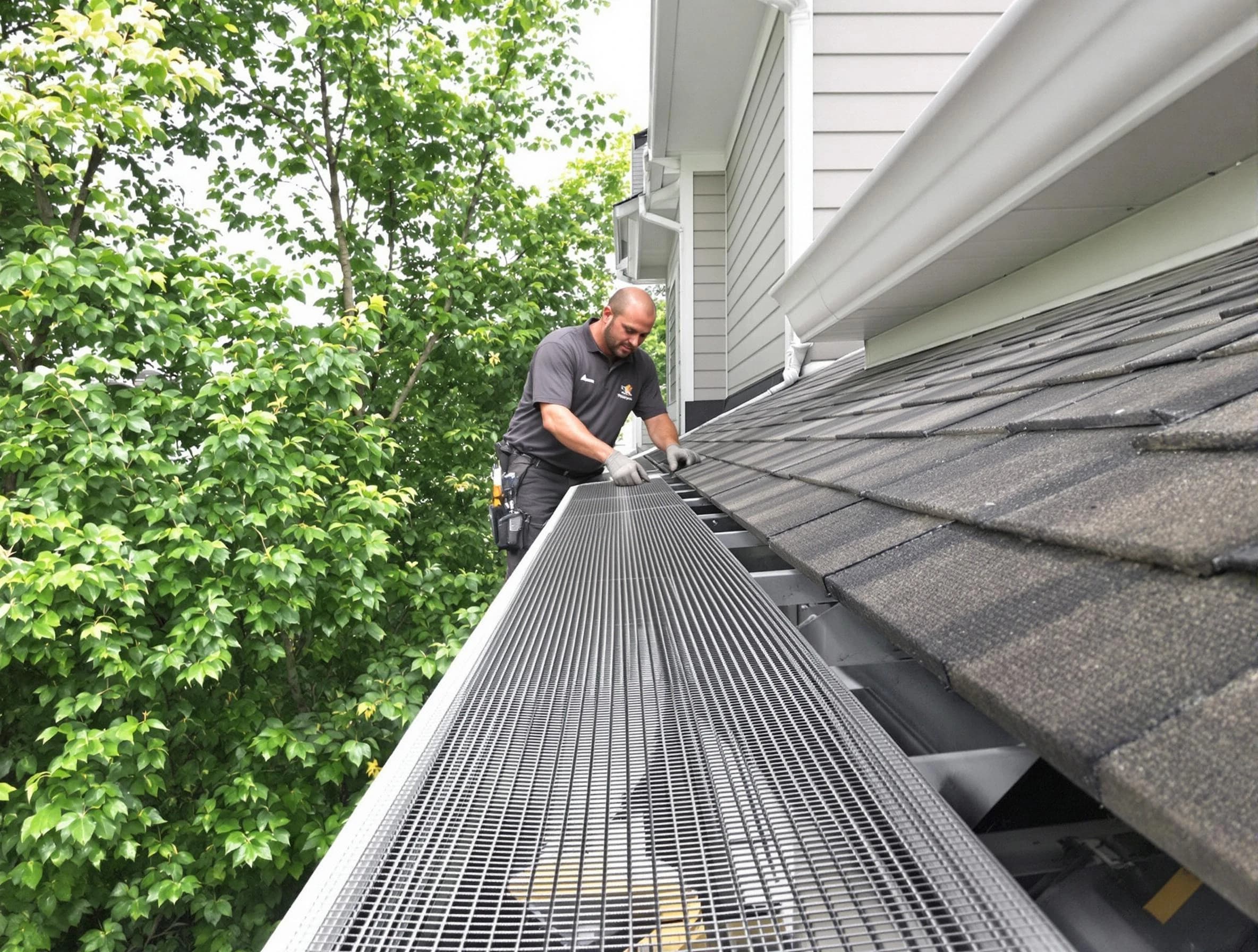 Close-up of gutter guards installed by Aurora Roofing Company in Aurora, OH