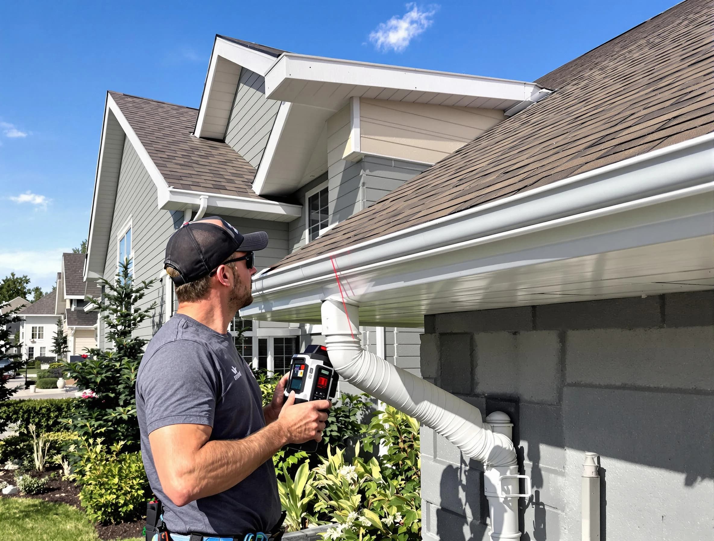 Aurora Roofing Company installing seamless gutters in Aurora, OH