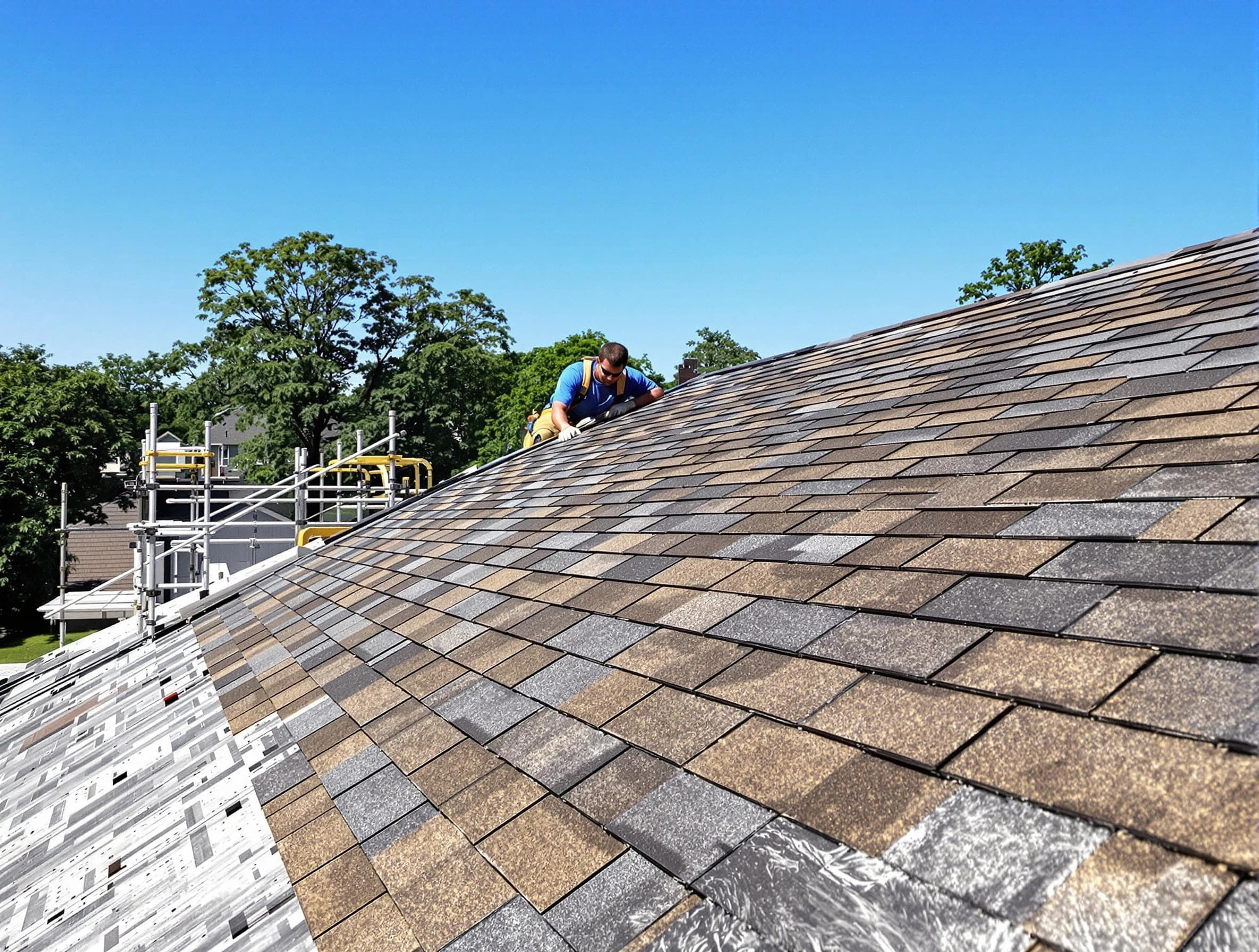 Close-up of new shingles installed by Aurora Roofing Company in Aurora, OH